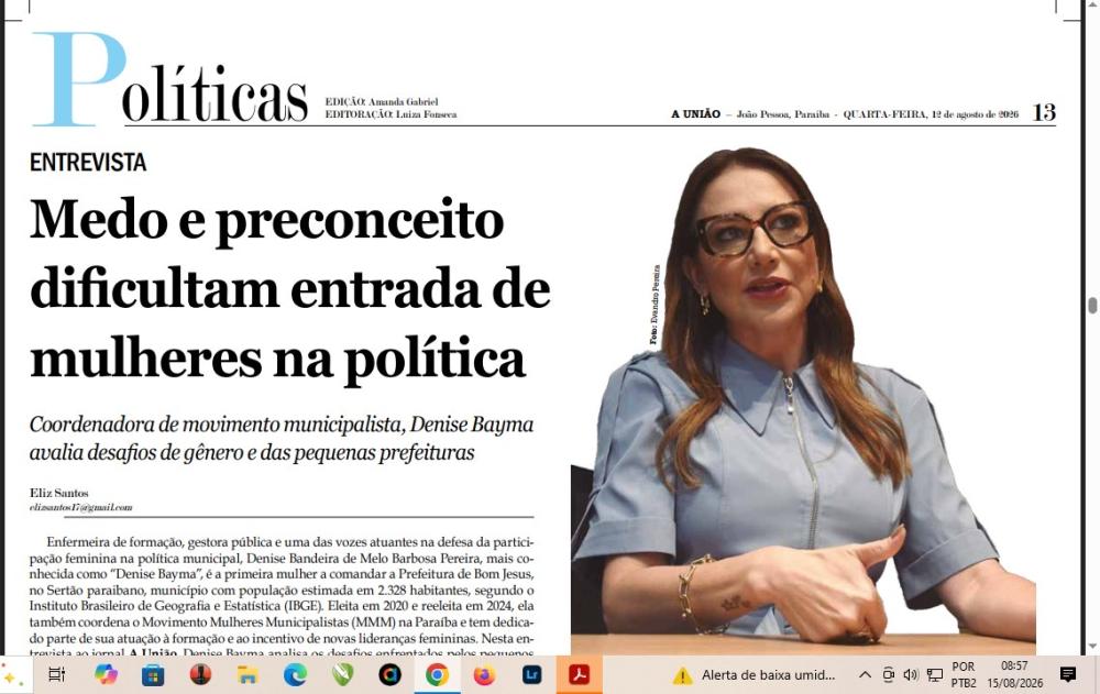 Jornal A União destaca atuação da prefeita Denise Bayma em defesa do municipalismo e do protagonismo feminino na política