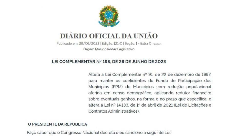 Lei minimiza perdas de repasses de municípios que tiveram redução populacional no Censo 2022