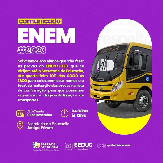 Prefeitura de Santa Rosa disponibilizará transporte gratuito para alunos realizarem o ENEM