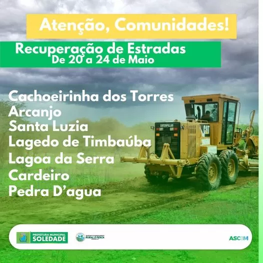 Prefeitura de Soledade divulga a agenda da semana de reparos nas Estradas Vicinais para Melhoria da Mobilidade