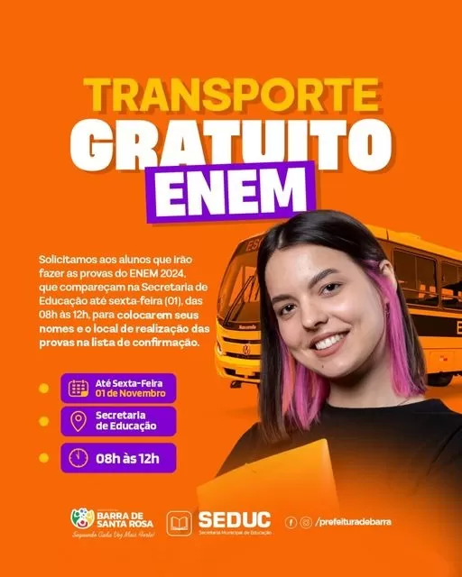 Prefeitura de Barra de Santa Rosa disponibiliza transporte para estudantes que farão o Enem 2024