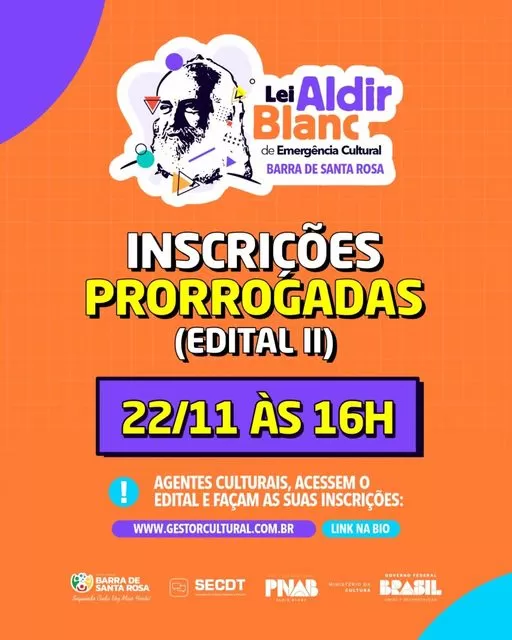 Barra de Santa Rosa prorroga inscrições da Lei Aldir Blanc
