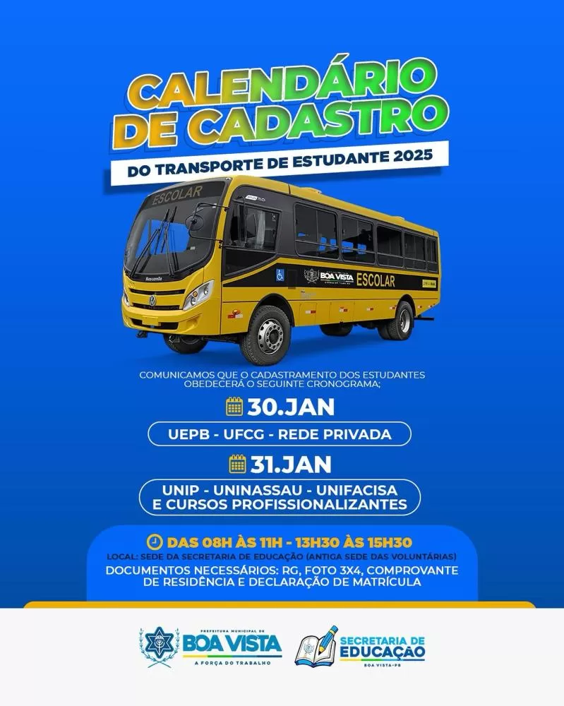 Prefeitura de Boa Vista inicia cadastro para transporte universitário