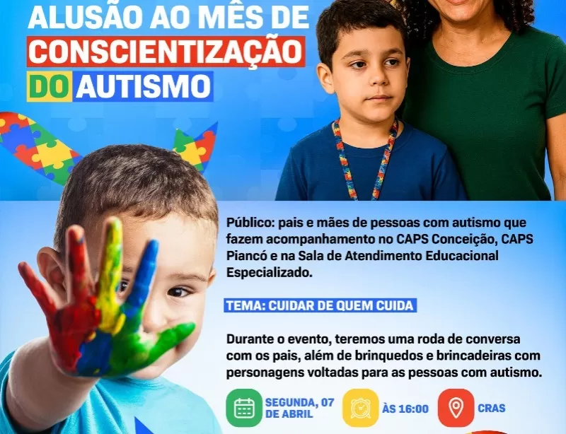 Prefeitura de Diamante promove evento em alusão ao Mês de Conscientização do Autismo na próxima segunda-feira (7)