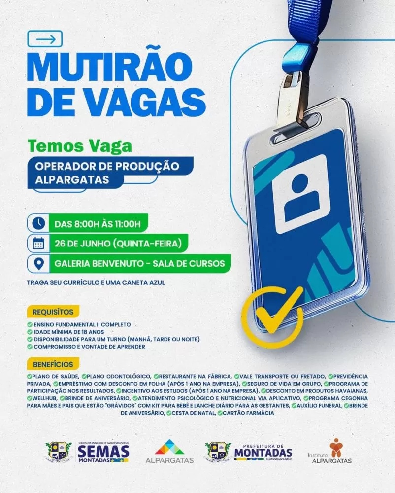Prefeitura de Montadas promove mutirão de emprego em parceria com a Alpargatas