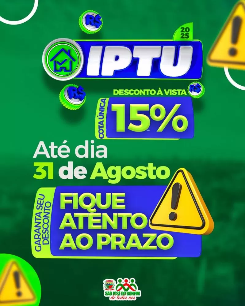 São José do Bonfim oferece 15% de desconto para quem pagar IPTU em cota única até 31 de agosto