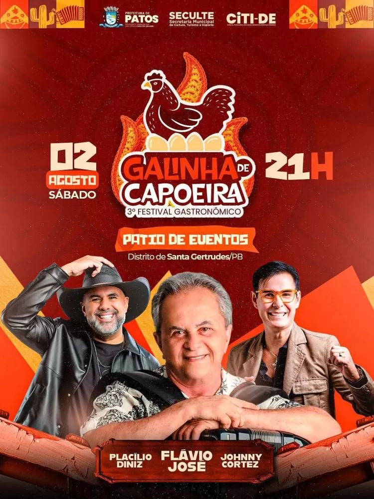 Prefeitura de Patos divulga programação oficial do Festival da Galinha em Santa Gertrudes