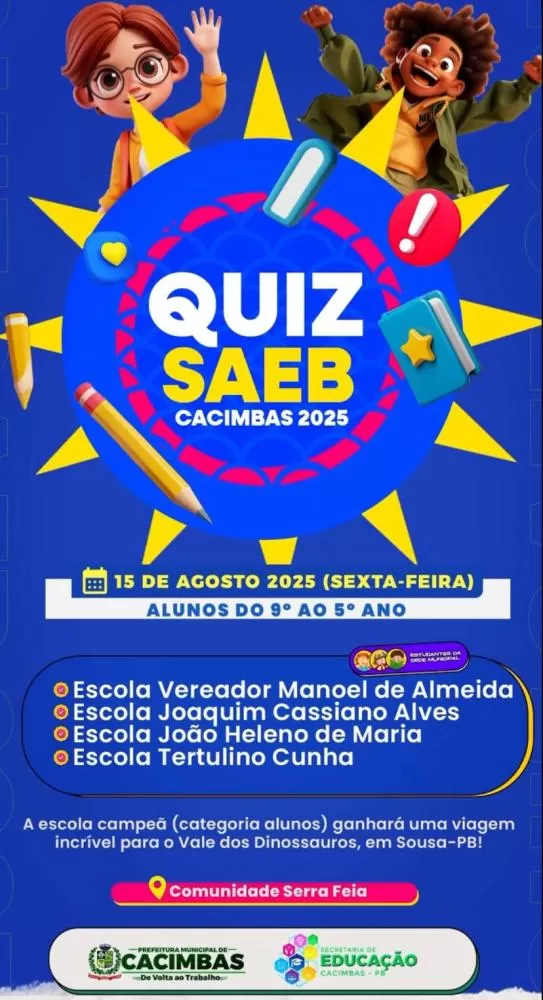 Cacimbas realiza 2ª edição do Quiz SAEB 2025 com prêmio de excursão ao Vale dos Dinossauros