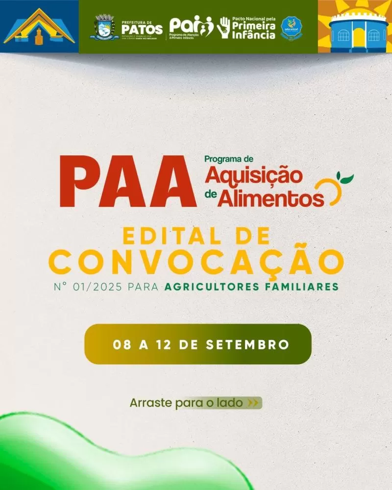 Prefeitura de Patos convoca agricultores familiares para o Programa de Aquisição de Alimentos (PAA)