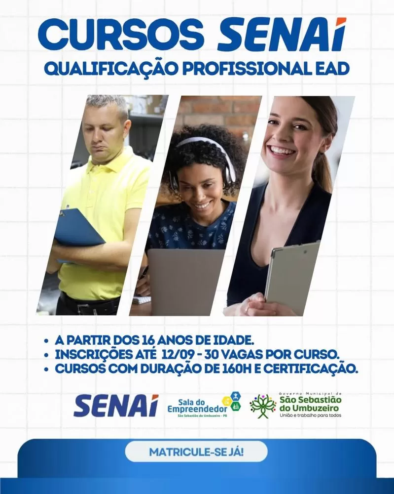 Prefeitura de São Sebastião do Umbuzeiro oferece 90 vagas em cursos gratuitos do SENAI/PB