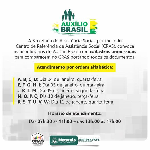 Prefeitura de Matureia convoca beneficiários do Auxílio Brasil com cadastro Unipessoais para organização do benefício