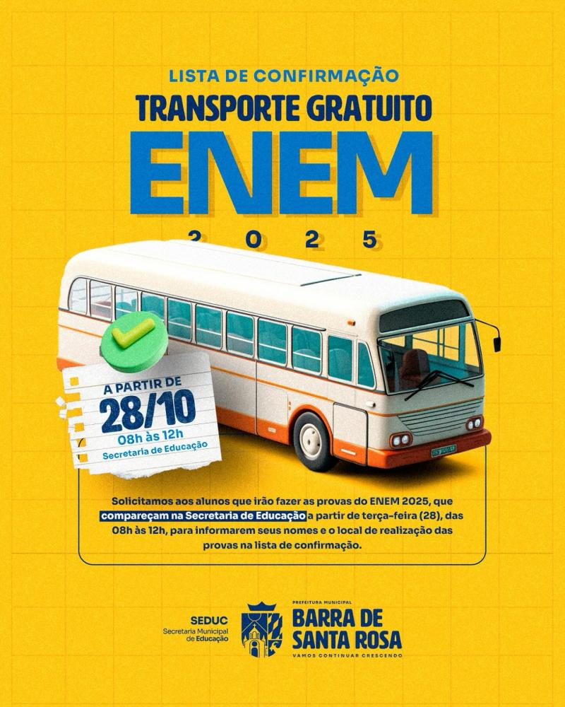 Barra de Santa Rosa abre inscrições para transporte escolar gratuito aos alunos do ENEM 2025