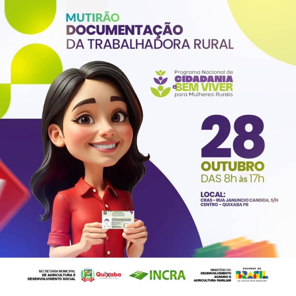 Prefeitura de Quixaba realiza Mutirão de Documentação da Trabalhadora Rural nesta terça-feira, 28 de outubro