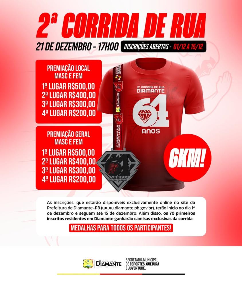 Diamante abre inscrições para a 2ª Corrida de Rua em comemoração ao aniversário da cidade