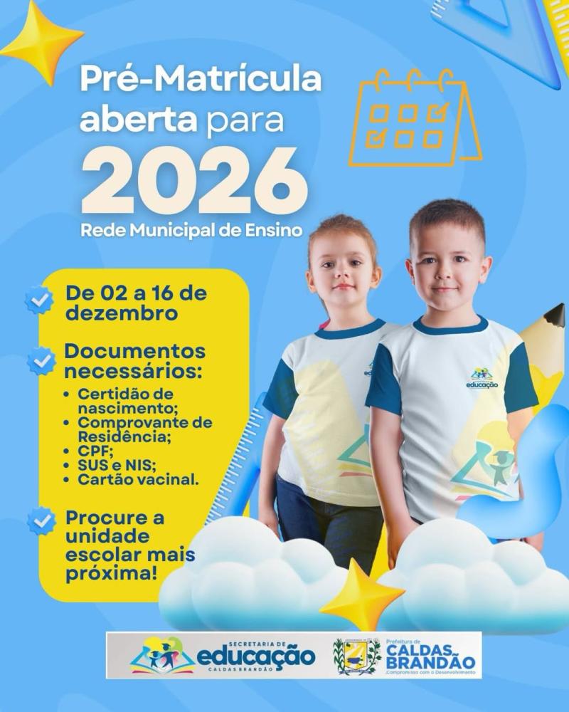 Caldas Brandão abre pré-matrículas 2026 na rede municipal de ensino