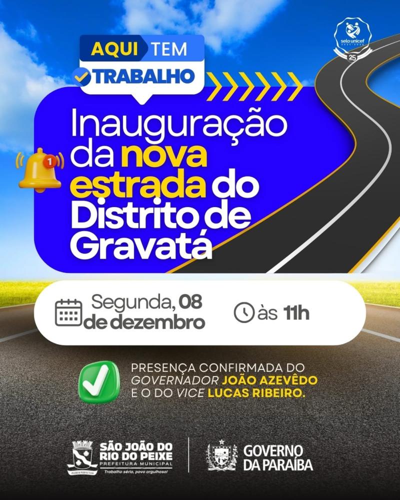 Prefeitura de São João do Rio do Peixe inaugura nesta segunda (08) a nova estrada do Distrito de Gravatá