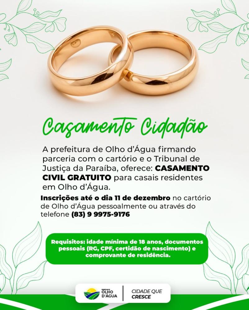 Prefeitura de Olho d’Água abre inscrições para casamento civil gratuito
