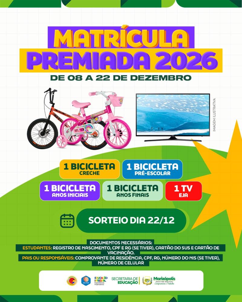 Prefeitura de Marizópolis inicia Matrícula Premiada 2026 com sorteio de bicicletas e TV