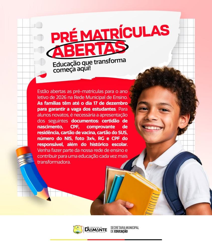 Diamante abre pré-matrículas para a rede municipal de ensino 2026