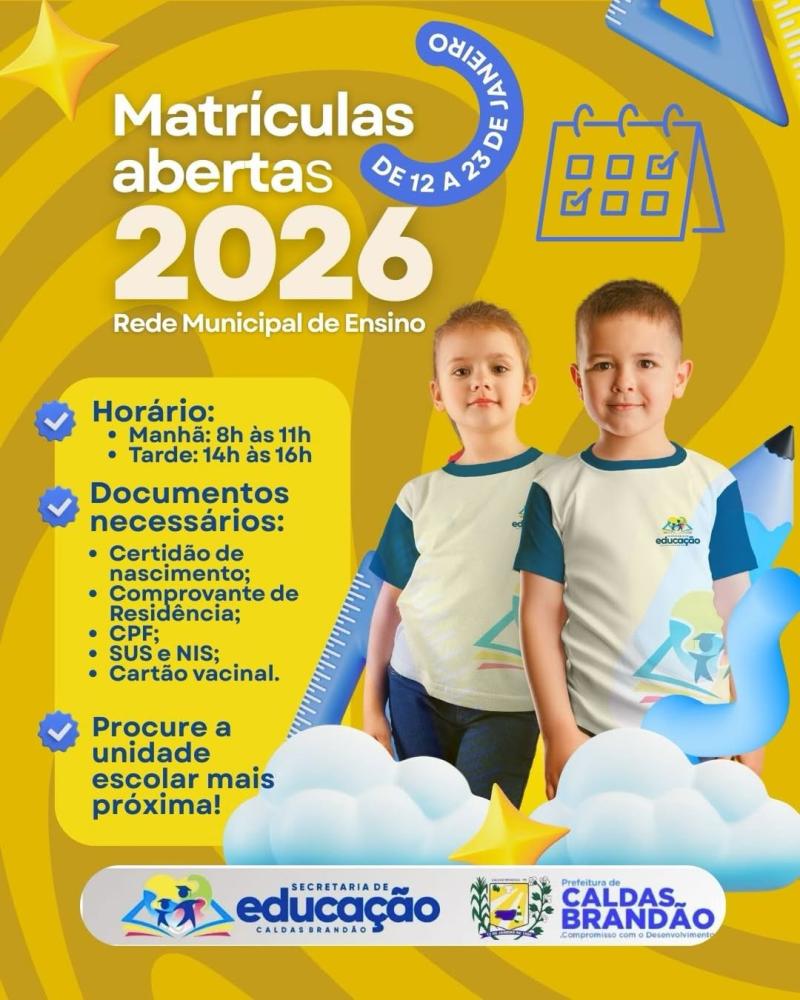Prefeitura de Caldas Brandão abre matrículas da rede municipal para o ano letivo de 2026