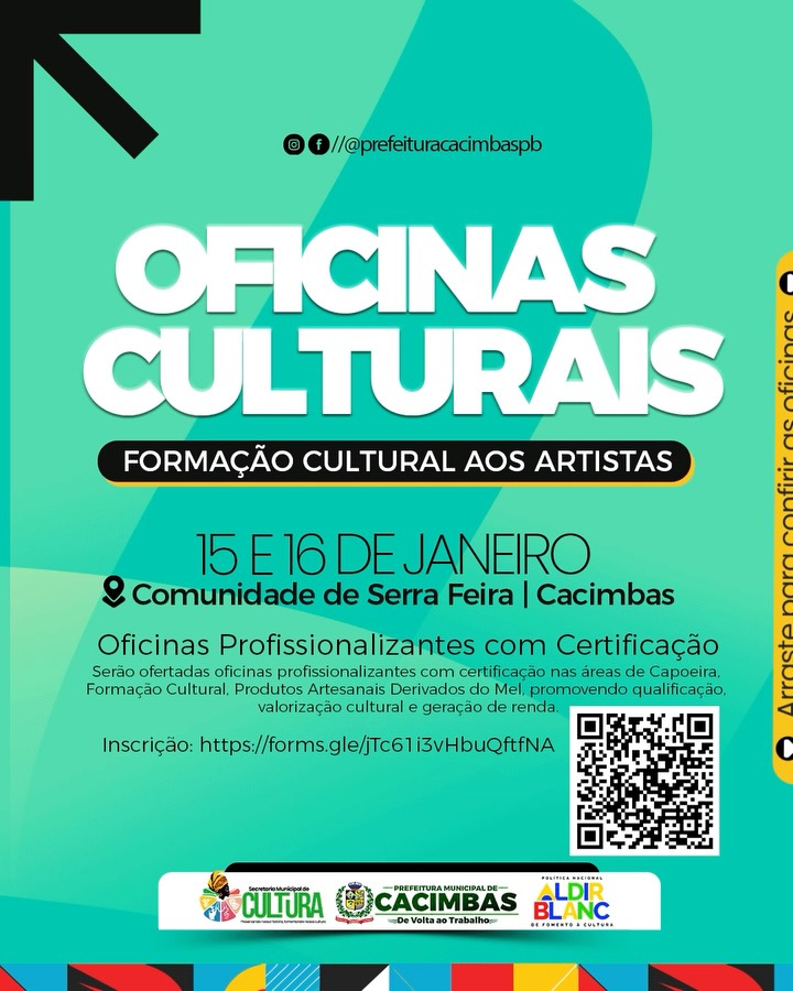 Prefeitura de Cacimbas anuncia oficinas e curso de formação cultural com recursos da Lei Aldir Blanc