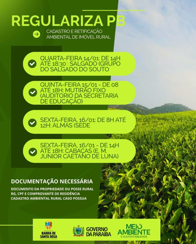 Prefeitura de Barra de Santa Rosa inicia cadastro e retificação ambiental de imóveis rurais