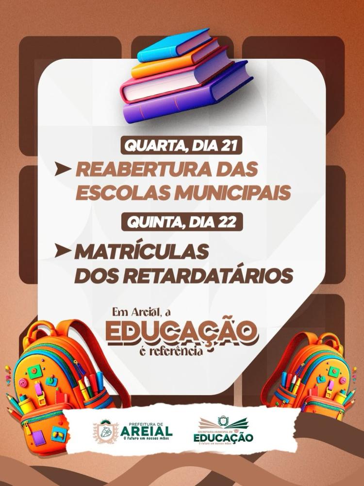 Prefeitura de Areial anuncia reabertura das escolas municipais e data para matrículas de retardatários