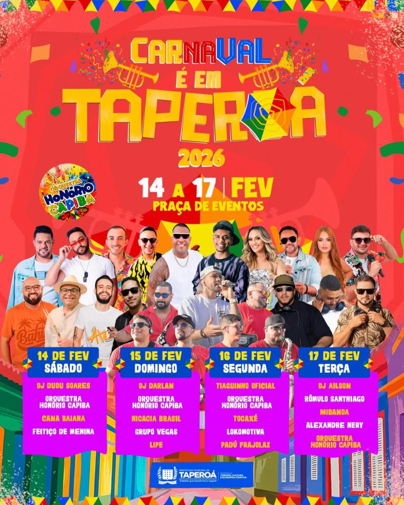Prefeitura de Taperoá divulga programação e confirma Carnaval 2026 de 14 a 17 de fevereiro