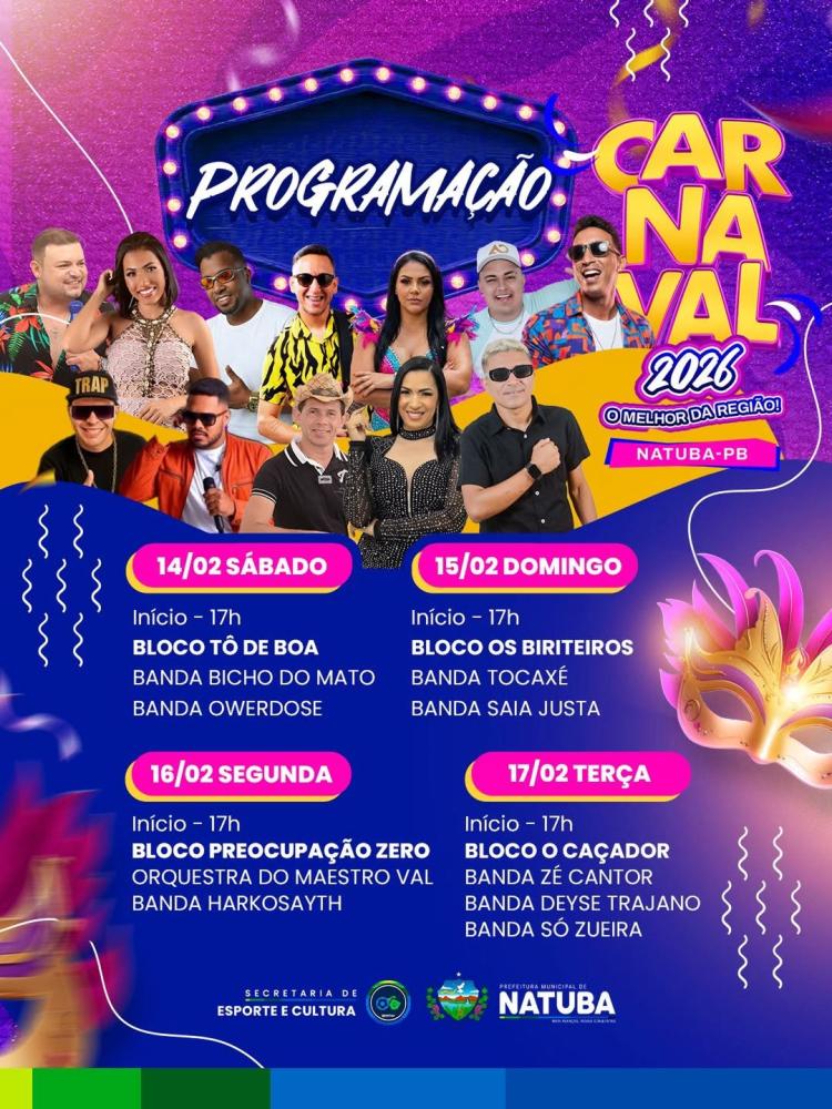 Prefeitura de Natuba divulga programação oficial do Carnaval 2025